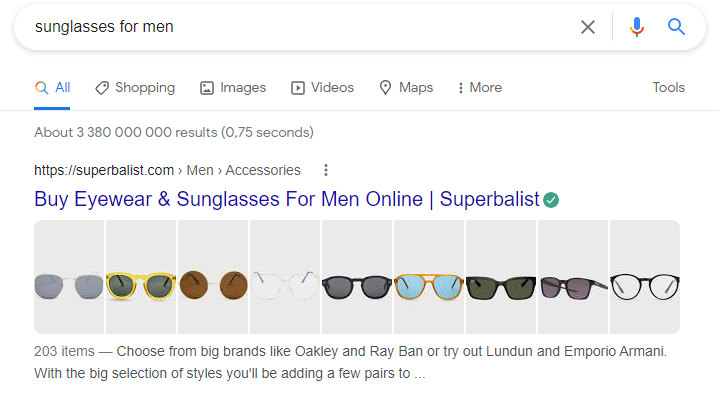occhiali da sole per uomo nella ricerca google